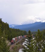 W/B unit stack train with CP 8814/8856 approaching the east side of Morant's Curve, with the Rocky Mountains in the background and the Bow River alongside.